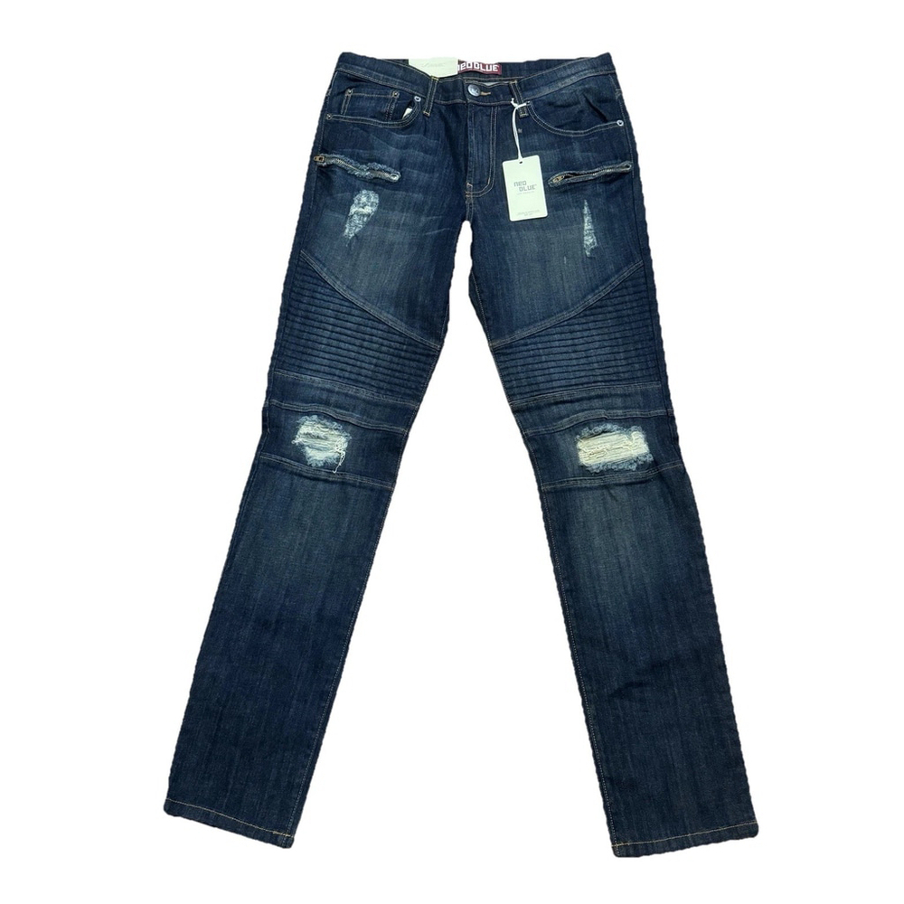NWT Neo Blue Zipper Moto Jeans Size:32 Distressed straight leg Men Dark